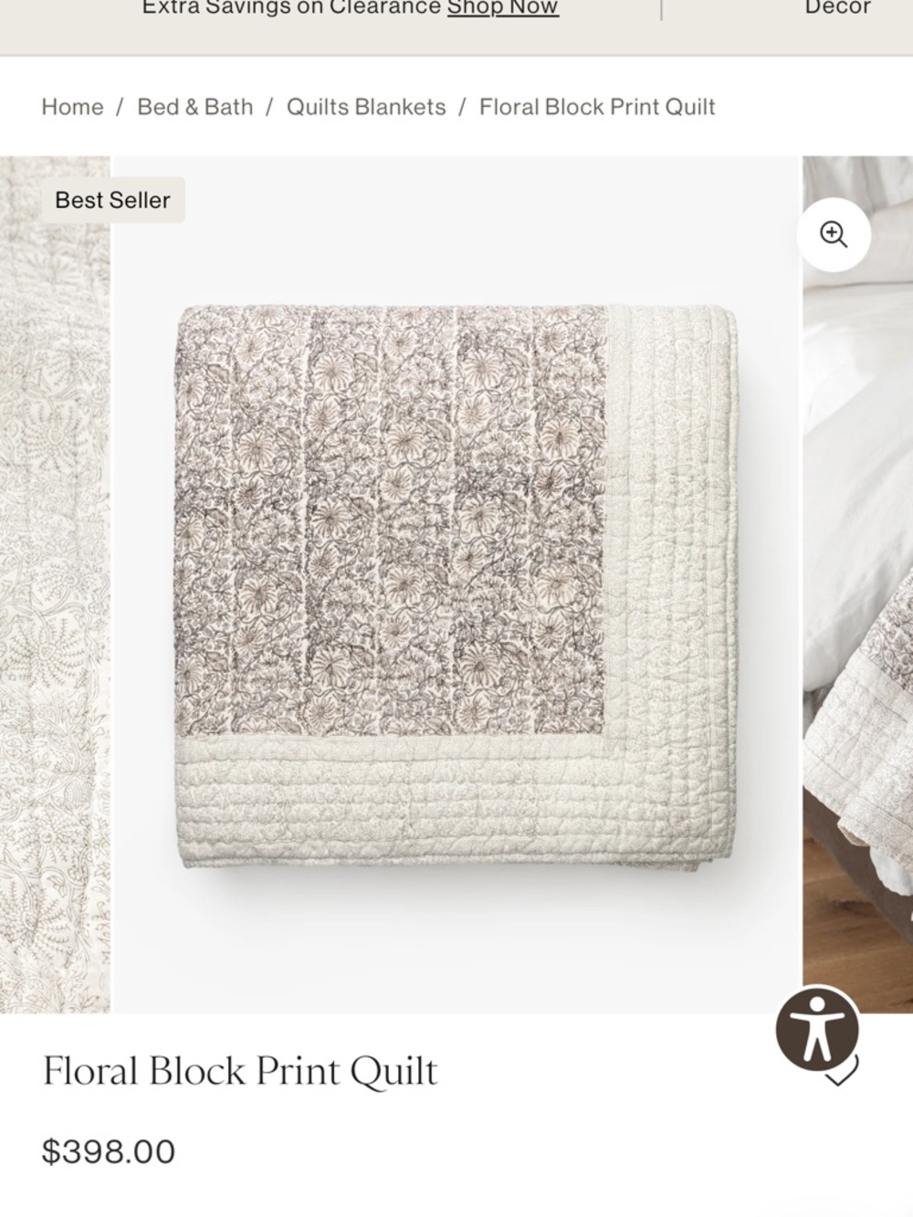 Floral Block Quilted Coverlet in Cream and Taupe
